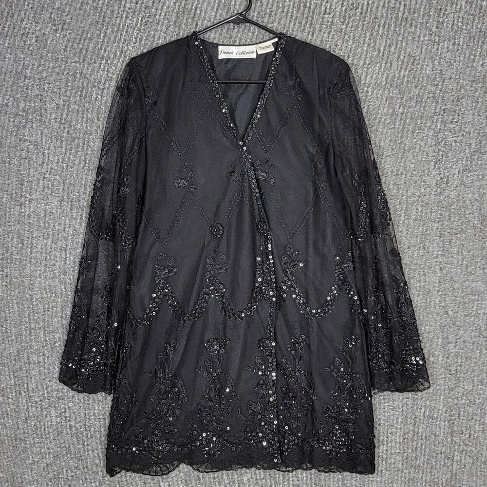 French Collizioni Jacket Womens M Black Embroidered Sequin Beaded Evening Coat